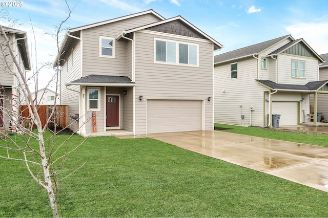 view of front of home with a shingled roof, an attached garage, fence, driveway, and a front lawn