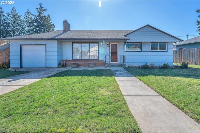 ranch-style home with a front lawn, fence, concrete driveway, a chimney, and an attached garage