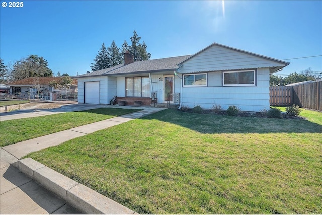 single story home with fence, concrete driveway, a front yard, a chimney, and an attached garage