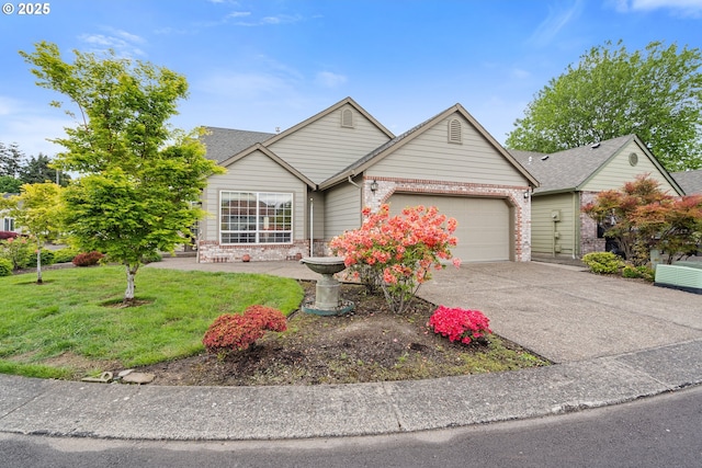 1939 NE Harewood Pl, Hillsboro, OR 97124 - view of front of house featuring an attached garage, driveway, a front lawn, brick siding, and roof with shingles