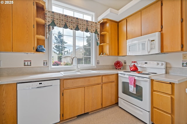 1939 NE Harewood Pl, Hillsboro, OR 97124 - kitchen with open shelves, white appliances, a sink, and light countertops
