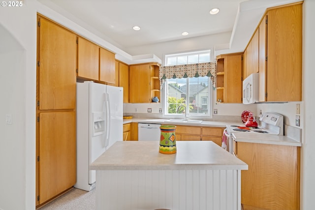 1939 NE Harewood Pl, Hillsboro, OR 97124 - kitchen featuring open shelves, white appliances, a sink, a kitchen island, and light countertops