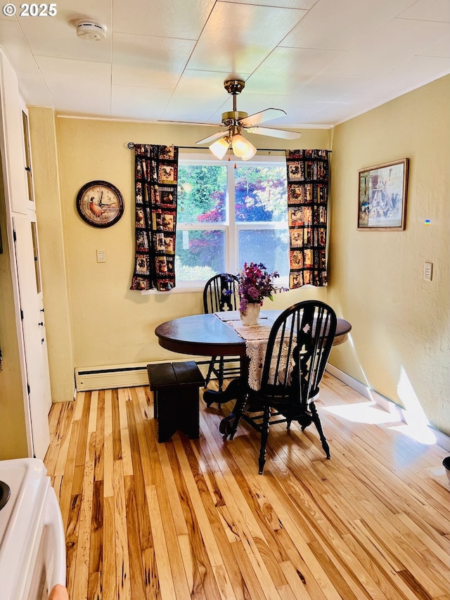 42799 Leaburg Dr, Walterville, OR 97489 - dining area featuring ceiling fan, light wood-style flooring, and a baseboard radiator