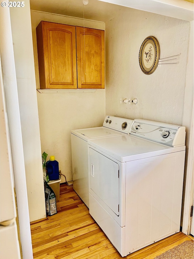 42799 Leaburg Dr, Walterville, OR 97489 - laundry room featuring cabinet space, washer and clothes dryer, and light wood-style floors