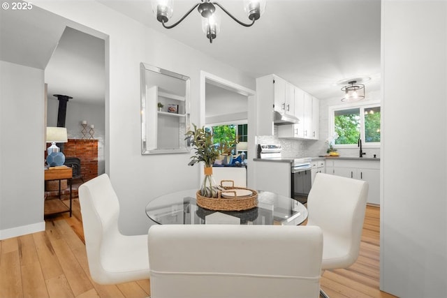 2450 Eddy Ave NE, Salem, OR 97301 - dining room with a chandelier, light wood-style floors, and a wood stove
