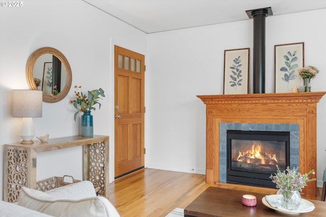 living area with a glass covered fireplace and wood finished floors