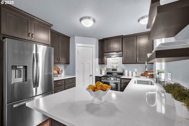 kitchen with appliances with stainless steel finishes, a sink, dark brown cabinetry, a peninsula, and under cabinet range hood