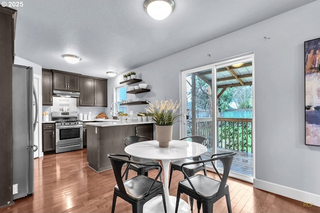 kitchen featuring dark wood-style flooring, stainless steel appliances, light countertops, dark brown cabinets, and under cabinet range hood