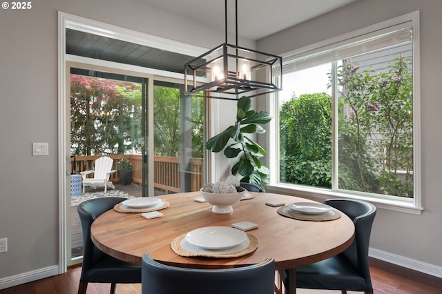14925 SE Pebble Beach Dr, Happy Valley, OR 97086 - dining room featuring a chandelier, baseboards, plenty of natural light, and dark wood finished floors