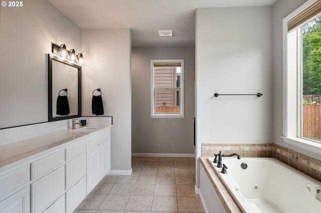 14925 SE Pebble Beach Dr, Happy Valley, OR 97086 - full bath with vanity, a jetted tub, tile patterned flooring, and baseboards