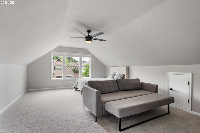 14925 SE Pebble Beach Dr, Happy Valley, OR 97086 - bedroom with carpet floors, baseboards, vaulted ceiling, and a ceiling fan