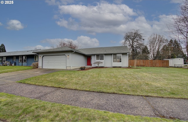 single story home with driveway, an attached garage, a front lawn, and fence