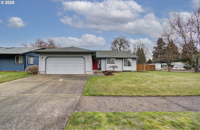 ranch-style house featuring a garage, concrete driveway, and a front yard