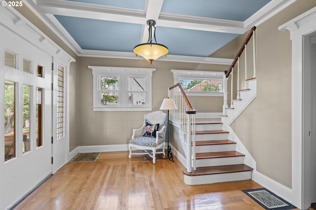 1001 NW Despain Ave, Pendleton, OR 97801 - foyer entrance with stairs, hardwood / wood-style flooring, ornamental molding, and baseboards