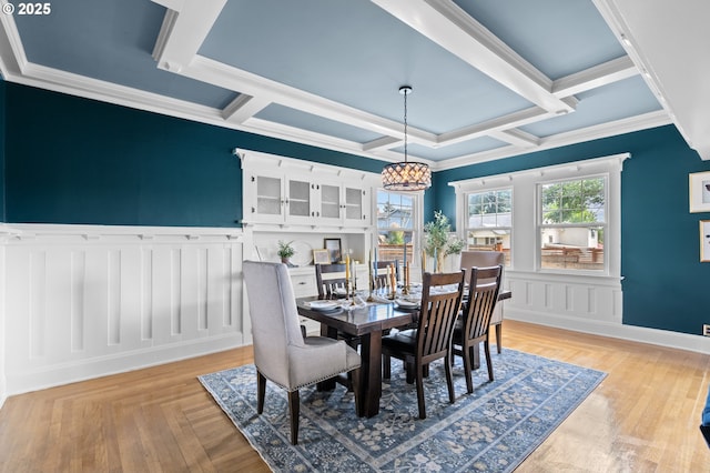 1001 NW Despain Ave, Pendleton, OR 97801 - dining room with a decorative wall, coffered ceiling, crown molding, wainscoting, and a chandelier