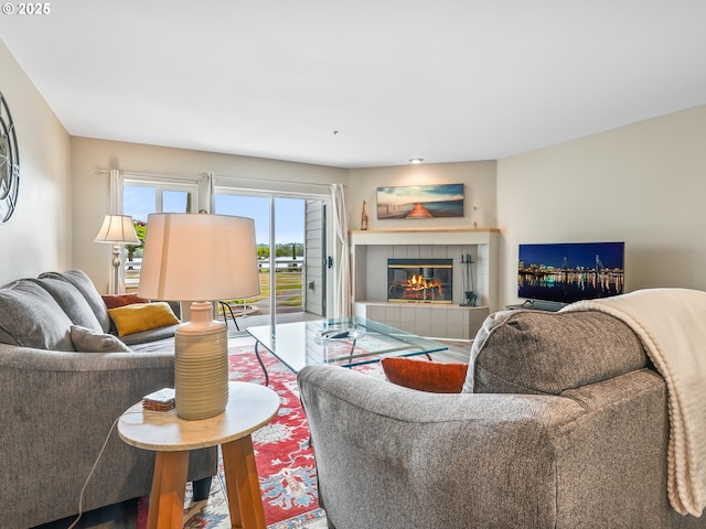 living room featuring a fireplace