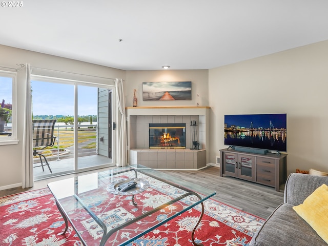 living area featuring a fireplace, wood finished floors, and baseboards