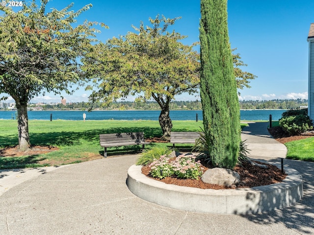 view of home's community with a water view and a yard