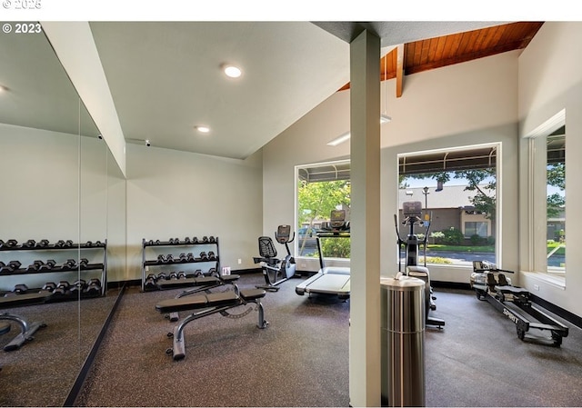 workout area featuring wooden ceiling, high vaulted ceiling, baseboards, and recessed lighting