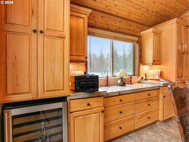 24940 E Tillicum St, Welches, OR 97067 - kitchen with wine cooler, tile counters, and wooden ceiling