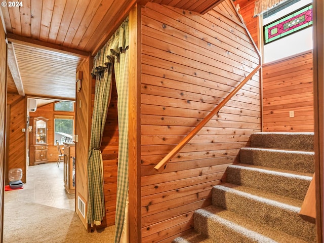 24940 E Tillicum St, Welches, OR 97067 - staircase with wooden walls, wooden ceiling, carpet floors, and lofted ceiling