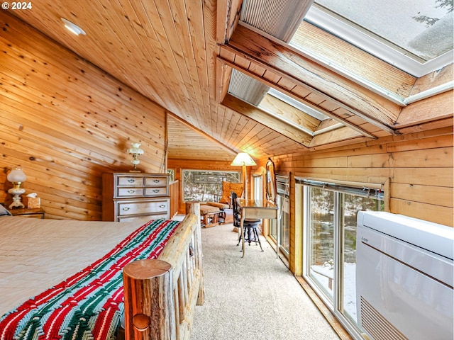 24940 E Tillicum St, Welches, OR 97067 - bedroom with carpet flooring, wooden walls, wood ceiling, lofted ceiling, and a skylight
