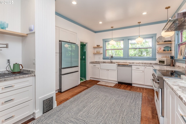 kitchen featuring stainless steel appliances, open shelves, a sink, white cabinets, and dark wood-type flooring