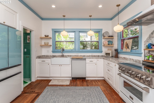 kitchen with open shelves, high end stove, dishwasher, a sink, and ornamental molding