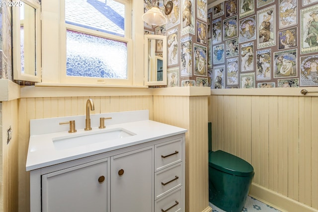 bathroom with vanity, a wainscoted wall, toilet, and wooden walls
