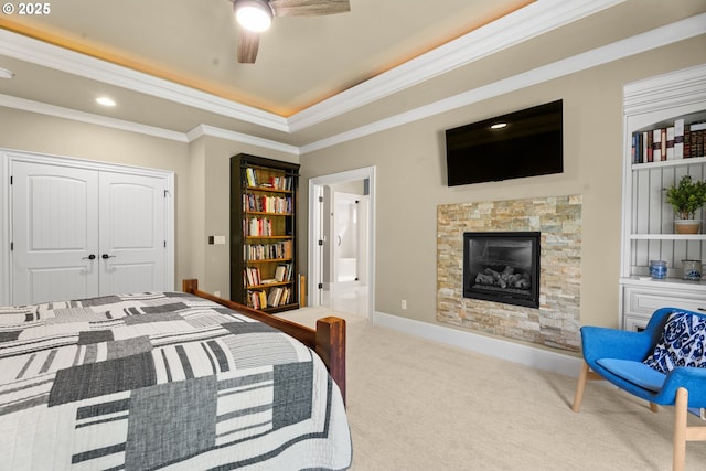 9641 SE Nicholas Dr, Happy Valley, OR 97086 - bedroom featuring carpet flooring, crown molding, a fireplace, ensuite bath, and recessed lighting