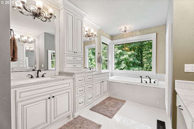 9641 SE Nicholas Dr, Happy Valley, OR 97086 - bathroom with a chandelier, double vanity, healthy amount of natural light, and a bath