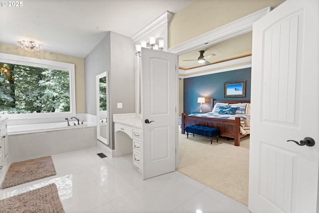 9641 SE Nicholas Dr, Happy Valley, OR 97086 - full bath featuring a bath, ceiling fan, vanity, tile patterned floors, and connected bathroom