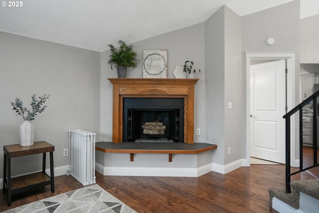 living room with dark hardwood / wood-style flooring, lofted ceiling, and radiator heating unit