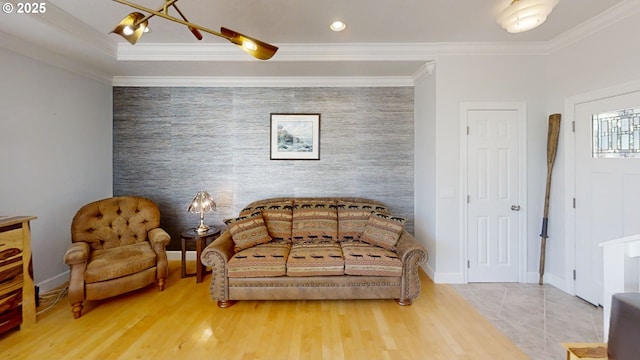 97661 Marina Heights Loop, Brookings, OR 97415 - living area with an accent wall, wallpapered walls, crown molding, wood finished floors, and recessed lighting