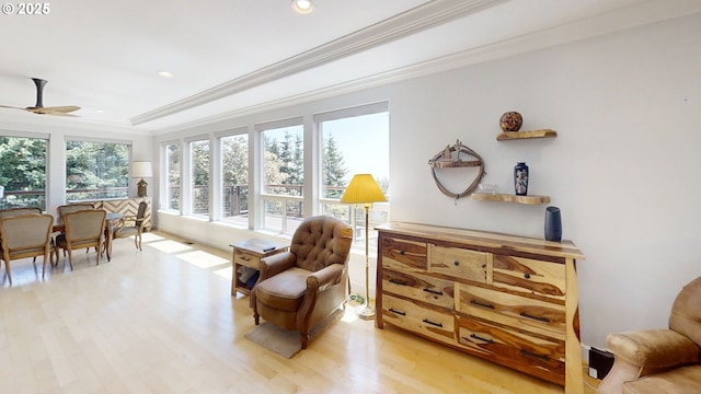 97661 Marina Heights Loop, Brookings, OR 97415 - sitting room featuring light wood-style flooring, recessed lighting, ceiling fan, and ornamental molding