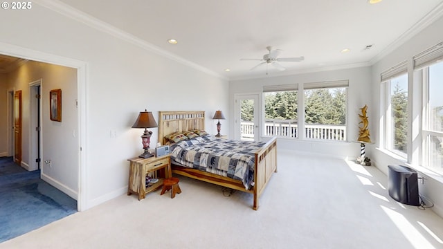 97661 Marina Heights Loop, Brookings, OR 97415 - bedroom with carpet flooring, recessed lighting, ornamental molding, and ceiling fan