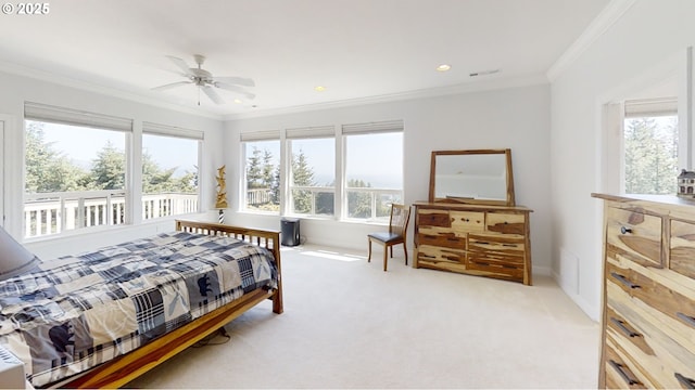 97661 Marina Heights Loop, Brookings, OR 97415 - carpeted bedroom with multiple windows, crown molding, recessed lighting, and ceiling fan