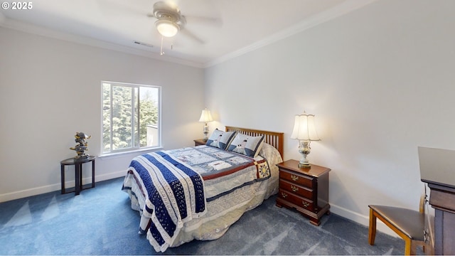 97661 Marina Heights Loop, Brookings, OR 97415 - bedroom with dark colored carpet, crown molding, and ceiling fan
