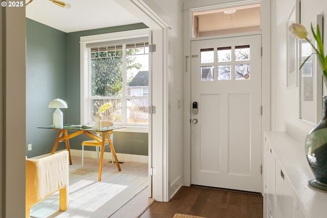 doorway to outside featuring dark wood-type flooring