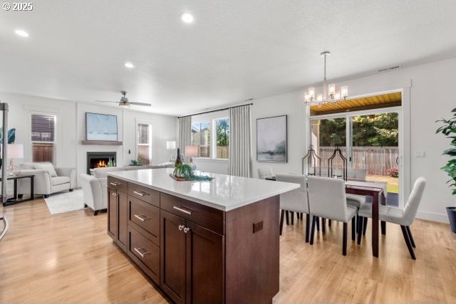 2522 S Lydia Loop, Hubbard, OR 97032 - kitchen featuring ceiling fan, a warm lit fireplace, plenty of natural light, light wood-type flooring, and recessed lighting