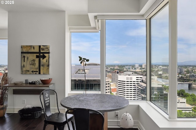 dining space with wood finished floors, baseboards, and a city view