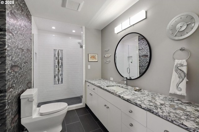 full bathroom with tile patterned floors, toilet, a shower stall, vanity, and recessed lighting