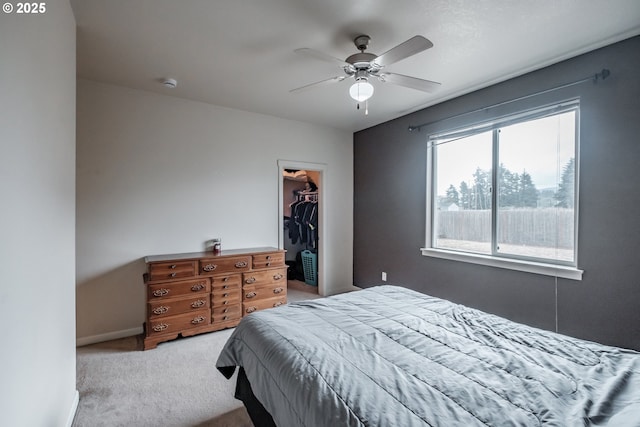 bedroom featuring a closet, baseboards, ceiling fan, a spacious closet, and carpet flooring