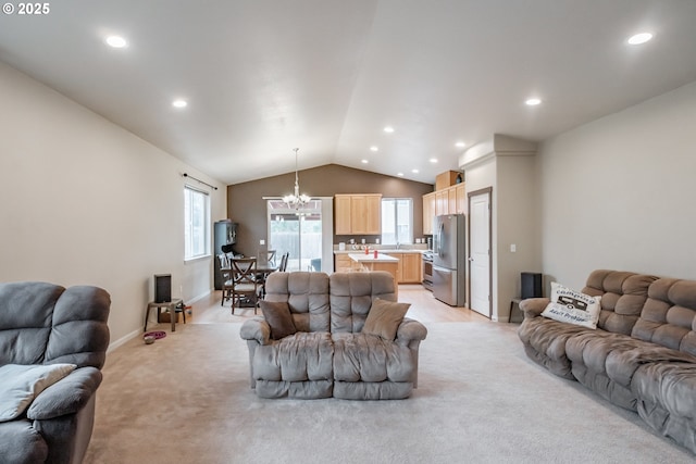 living room featuring lofted ceiling, light carpet, baseboards, recessed lighting, and a notable chandelier
