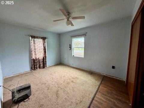 empty room featuring ceiling fan and dark hardwood / wood-style flooring