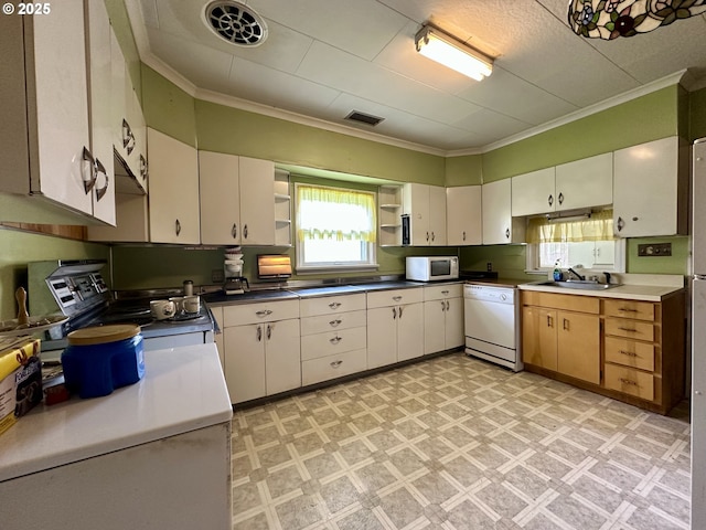 808 F Ave, La Grande, OR 97850 - kitchen featuring white appliances, ornamental molding, open shelves, light flooring, and a sink