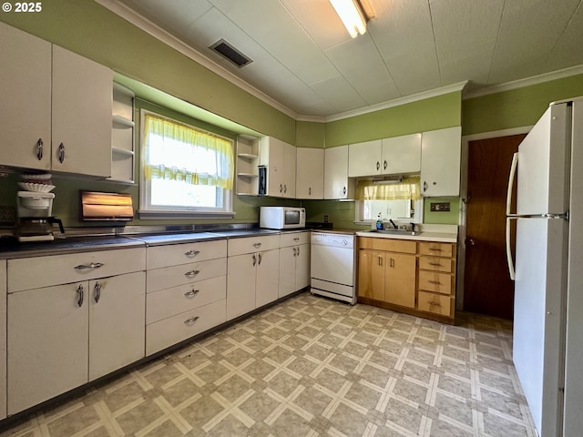808 F Ave, La Grande, OR 97850 - kitchen with white appliances, open shelves, light flooring, healthy amount of natural light, and crown molding