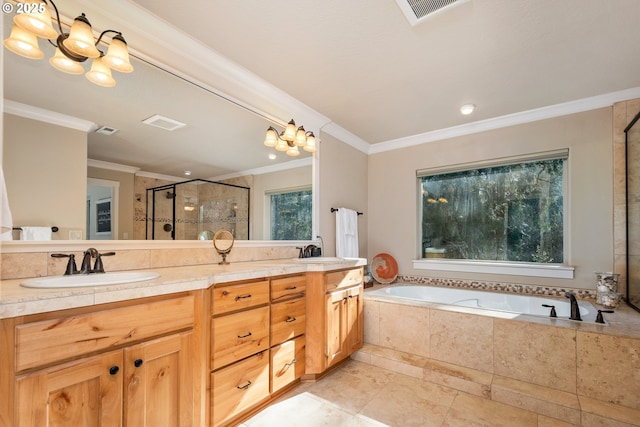 bathroom featuring crown molding, vanity, separate shower and tub, and a chandelier