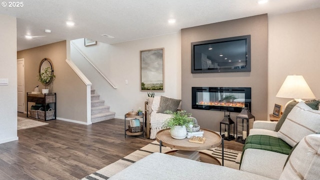 283 Stella St, Salem, OR 97301 - living room featuring stairs, wood finished floors, recessed lighting, and a large fireplace