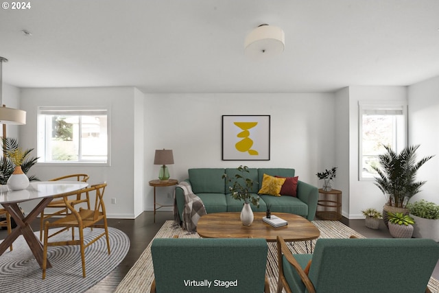 living room with dark hardwood / wood-style flooring and a healthy amount of sunlight